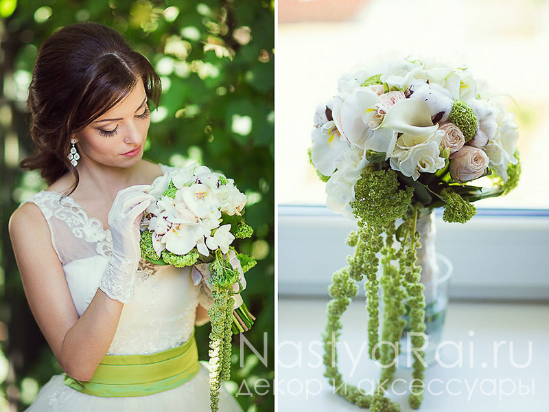 Фото. Букет невесты из роз, хлопка, орхидей.