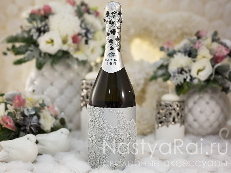 Фото. Тубус для шампанского с кружевом "Серебро".