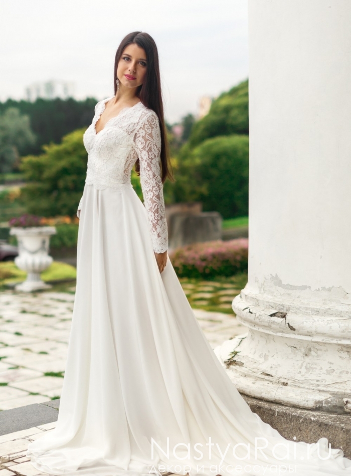 Фото. Свадебное платье с рукавами из кружева ZCD005.
