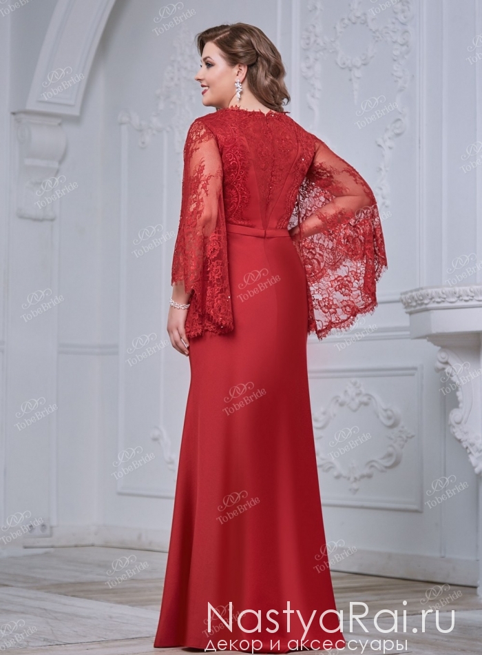 Фото. Красное вечернее платье с кружевной накидкой CH0075B.
