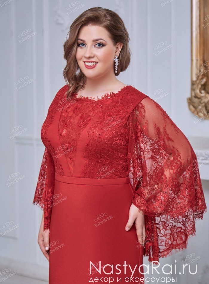 Фото. Красное вечернее платье с кружевной накидкой CH0075B.